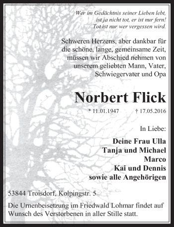 Anzeige von Norbert Flick von  Extra Blatt 