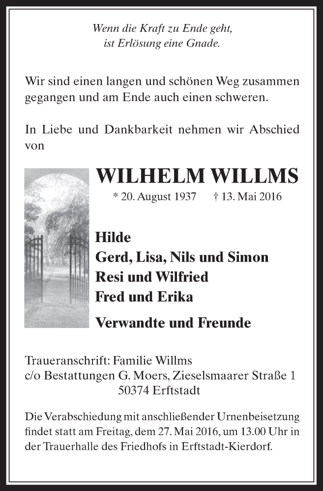  Traueranzeige für Wilhelm Willms vom 25.05.2016 aus  Werbepost 