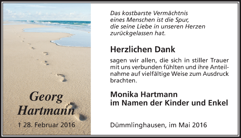  Traueranzeige für Georg Hartmann vom 11.05.2016 aus  Anzeigen Echo 