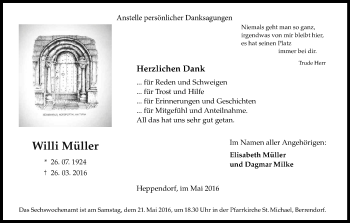 Anzeige von Willi Müller von Kölner Stadt-Anzeiger / Kölnische Rundschau / Express