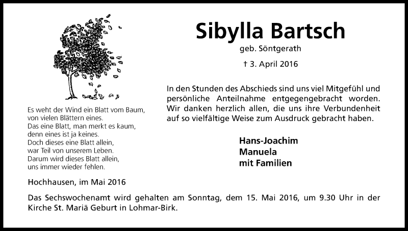  Traueranzeige für Sibylla Bartsch vom 11.05.2016 aus Kölner Stadt-Anzeiger / Kölnische Rundschau / Express