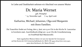 Anzeige von Maria Wernet von Kölner Stadt-Anzeiger / Kölnische Rundschau / Express