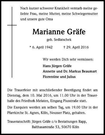 Anzeige von Marianne Gräfe von Kölner Stadt-Anzeiger / Kölnische Rundschau / Express