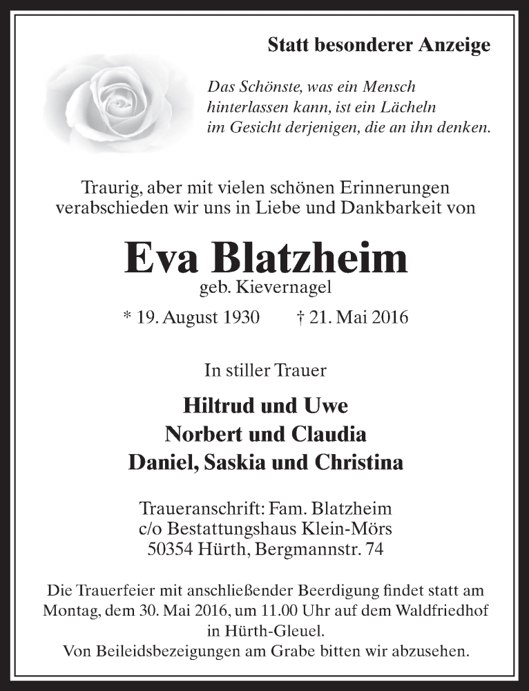  Traueranzeige für Eva Blatzheim vom 25.05.2016 aus  Wochenende 