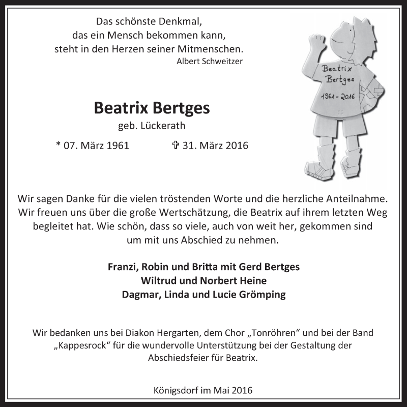  Traueranzeige für Beatrix Bertges vom 07.05.2016 aus  Sonntags-Post 