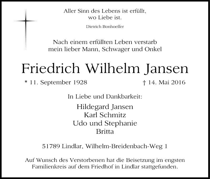  Traueranzeige für Friedrich Wilhelm Jansen vom 26.05.2016 aus Kölner Stadt-Anzeiger / Kölnische Rundschau / Express
