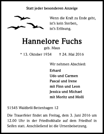 Anzeige von Hannelore Fuchs von Kölner Stadt-Anzeiger / Kölnische Rundschau / Express