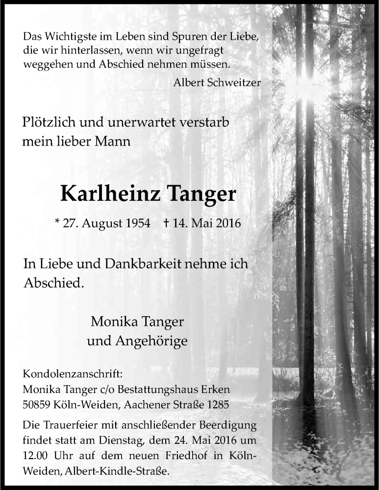  Traueranzeige für Karlheinz Tanger vom 21.05.2016 aus Kölner Stadt-Anzeiger / Kölnische Rundschau / Express