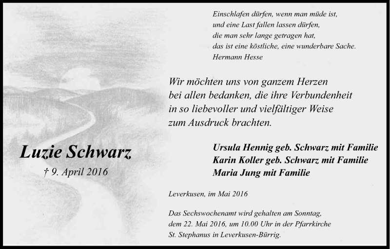  Traueranzeige für Luzie Schwarz vom 14.05.2016 aus Kölner Stadt-Anzeiger / Kölnische Rundschau / Express
