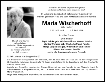 Anzeige von Maria Wischerhoff von Kölner Stadt-Anzeiger / Kölnische Rundschau / Express