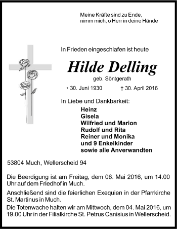 Anzeige von Hilde Delling von Kölner Stadt-Anzeiger / Kölnische Rundschau / Express