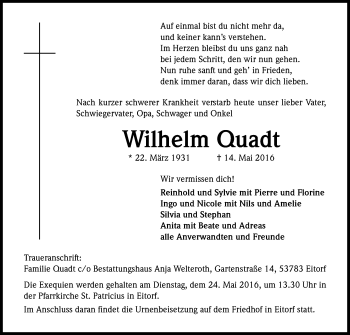 Anzeige von Wilhelm Quadt von Kölner Stadt-Anzeiger / Kölnische Rundschau / Express