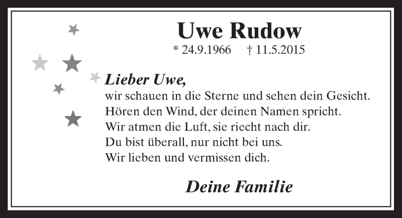  Traueranzeige für Uwe Rudow vom 11.05.2016 aus  Wochenende 