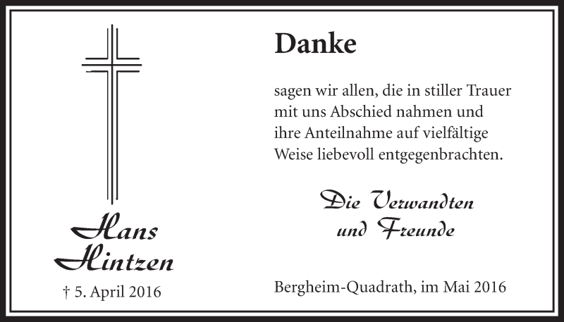  Traueranzeige für Hans Hintzen vom 07.05.2016 aus  Sonntags-Post 