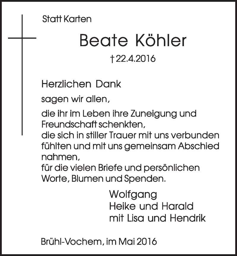  Traueranzeige für Beate Köhler vom 11.05.2016 aus  Schlossbote/Werbekurier 