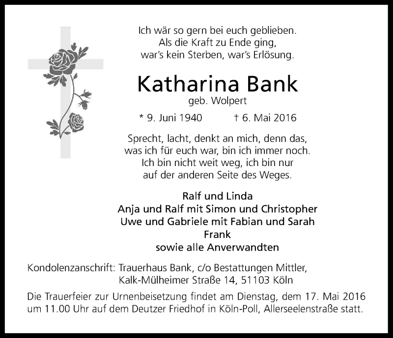  Traueranzeige für Katharina Bank vom 14.05.2016 aus Kölner Stadt-Anzeiger / Kölnische Rundschau / Express