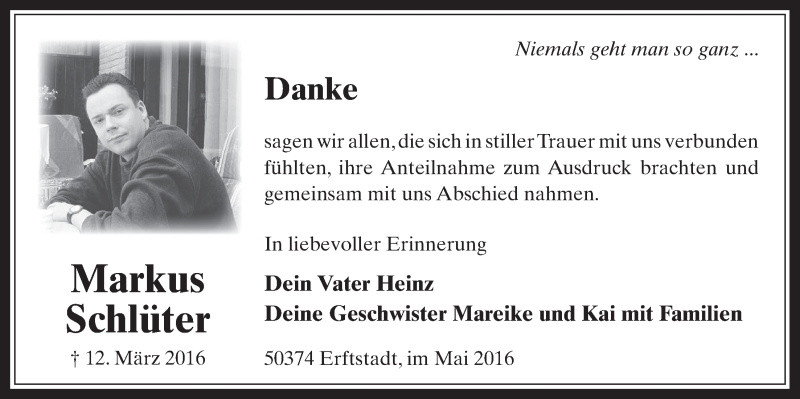  Traueranzeige für Markus Schlüter vom 04.05.2016 aus  Werbepost 