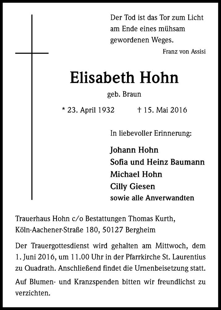  Traueranzeige für Elisabeth Hohn vom 28.05.2016 aus Kölner Stadt-Anzeiger / Kölnische Rundschau / Express