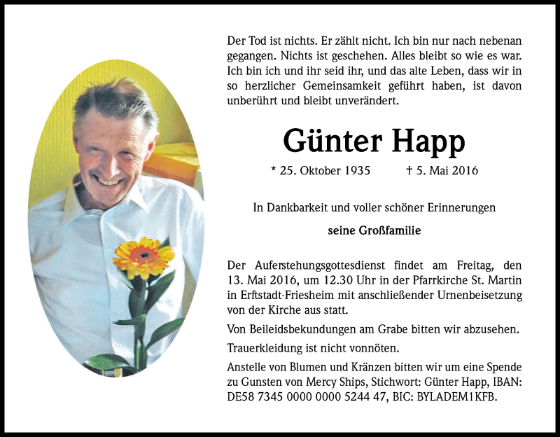  Traueranzeige für Günter Happ vom 10.05.2016 aus Kölner Stadt-Anzeiger / Kölnische Rundschau / Express