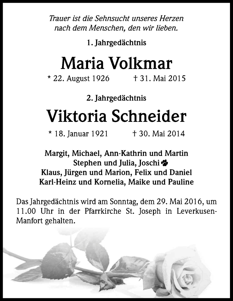  Traueranzeige für Maria Volkmar vom 14.05.2016 aus Kölner Stadt-Anzeiger / Kölnische Rundschau / Express