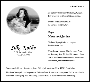 Anzeige von Silke Kothe von Kölner Stadt-Anzeiger / Kölnische Rundschau / Express