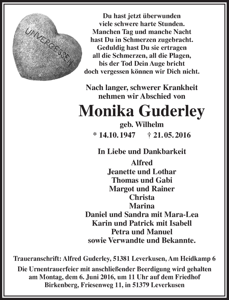  Traueranzeige für Monika Guderley vom 01.06.2016 aus  Lokale Informationen 