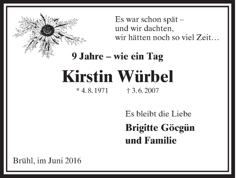  Traueranzeige für Kirstin Würbel vom 01.06.2016 aus  Schlossbote/Werbekurier 