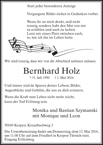 Anzeige von Bernhard Holz von  Sonntags-Post 