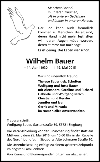 Anzeige von Wilhelm Bauer von Kölner Stadt-Anzeiger / Kölnische Rundschau / Express