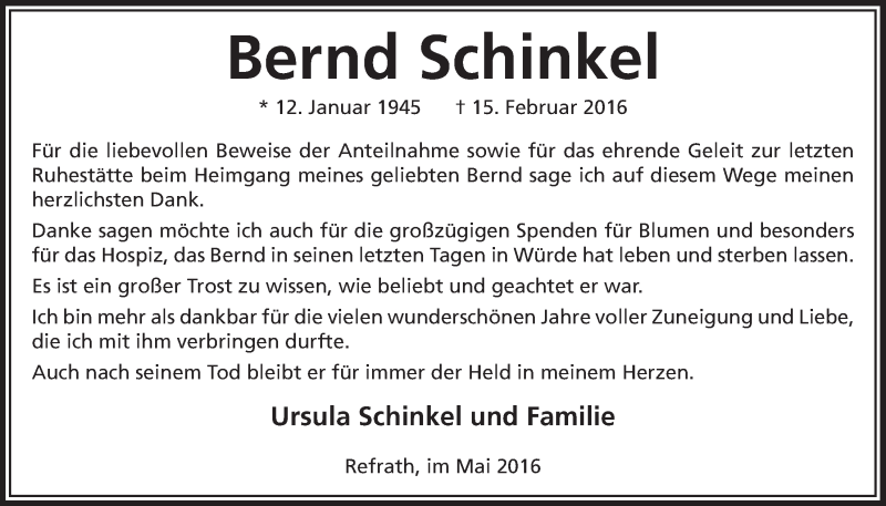  Traueranzeige für Bernd Schinkel vom 04.05.2016 aus  Bergisches Handelsblatt 