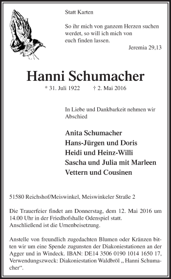 Anzeige von Hanni Schumacher von  Lokalanzeiger 