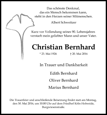 Anzeige von Christian Bernhard von Kölner Stadt-Anzeiger / Kölnische Rundschau / Express