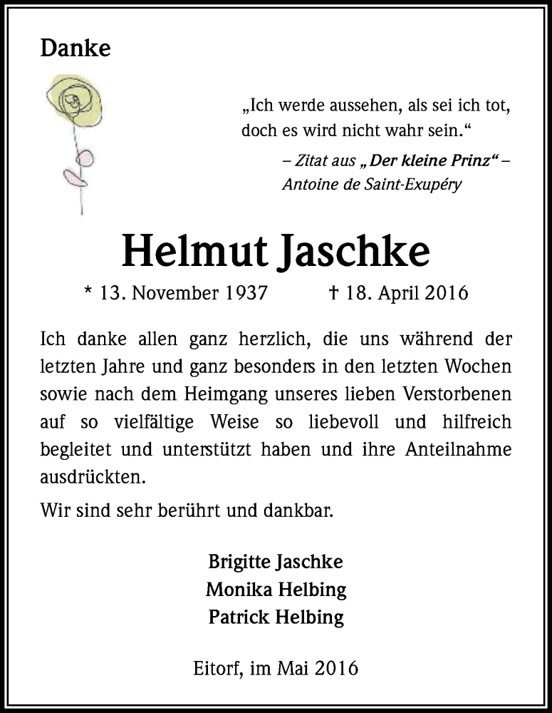  Traueranzeige für Helmut Jaschke vom 21.05.2016 aus Kölner Stadt-Anzeiger / Kölnische Rundschau / Express