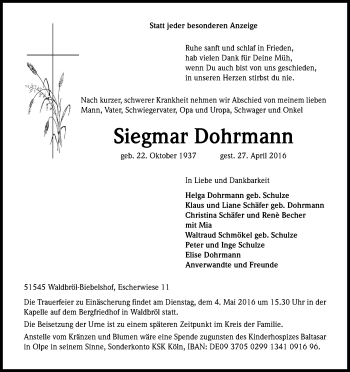 Anzeige von Siegmar Dohrmann von Kölner Stadt-Anzeiger / Kölnische Rundschau / Express