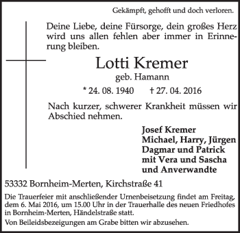 Anzeige von Lotti Kremer von  Schlossbote/Werbekurier 