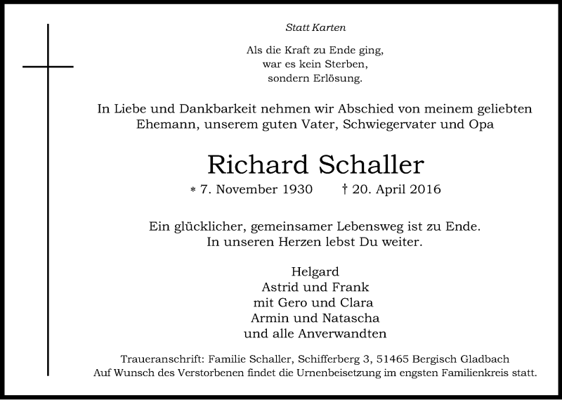  Traueranzeige für Richard Schaller vom 30.04.2016 aus Kölner Stadt-Anzeiger / Kölnische Rundschau / Express
