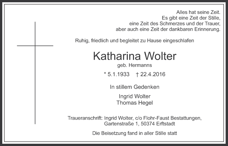  Traueranzeige für Katharina Wolter vom 04.05.2016 aus  Werbepost 