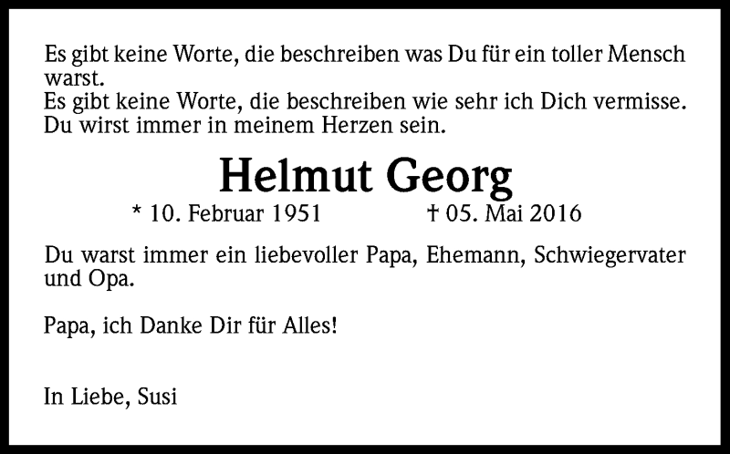  Traueranzeige für Helmut Georg vom 14.05.2016 aus Kölner Stadt-Anzeiger / Kölnische Rundschau / Express