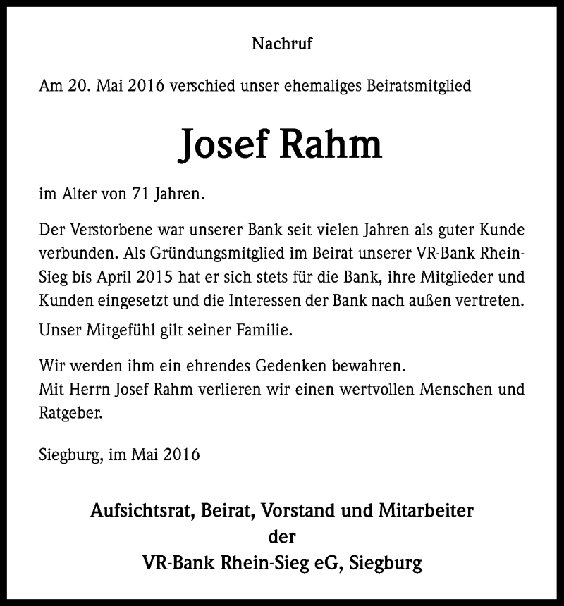  Traueranzeige für Josef Rahm vom 31.05.2016 aus Kölner Stadt-Anzeiger / Kölnische Rundschau / Express
