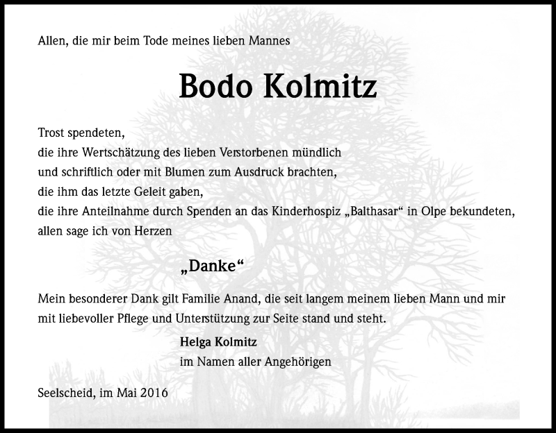  Traueranzeige für Bodo Kolmitz vom 07.05.2016 aus Kölner Stadt-Anzeiger / Kölnische Rundschau / Express
