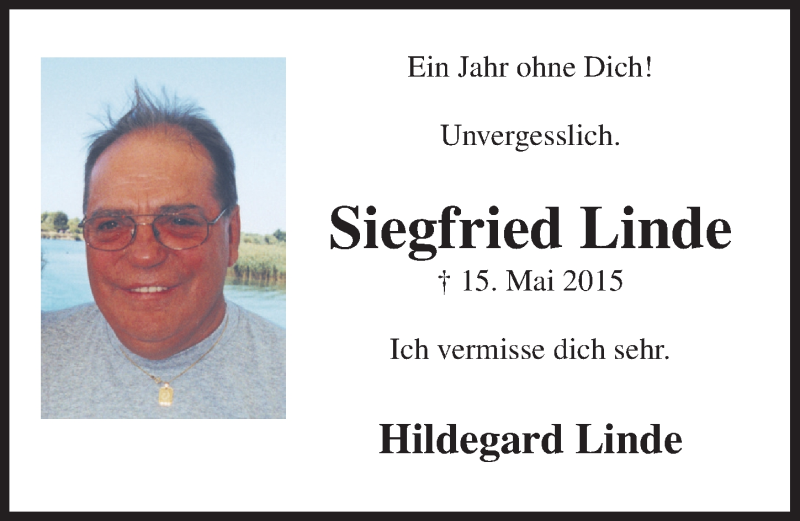  Traueranzeige für Siegfried Linde vom 11.05.2016 aus  Bergisches Handelsblatt 