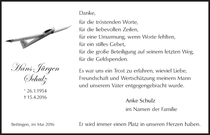  Traueranzeige für Hans-Jürgen Schulz vom 25.05.2016 aus  Anzeigen Echo  Lokalanzeiger 