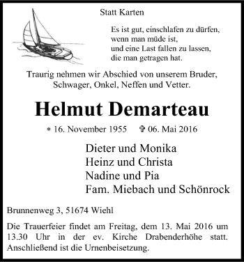 Anzeige von Helmut Demarteau von Kölner Stadt-Anzeiger / Kölnische Rundschau / Express