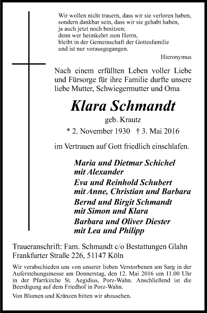  Traueranzeige für Klara Schmandt vom 07.05.2016 aus Kölner Stadt-Anzeiger / Kölnische Rundschau / Express