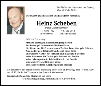 Anzeige von Heinz Scheben von Kölner Stadt-Anzeiger / Kölnische Rundschau / Express