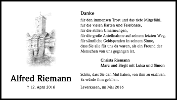 Anzeige von Alfred Riemann von Kölner Stadt-Anzeiger / Kölnische Rundschau / Express