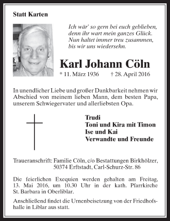 Anzeige von Karl Johann Cöln von  Werbepost 