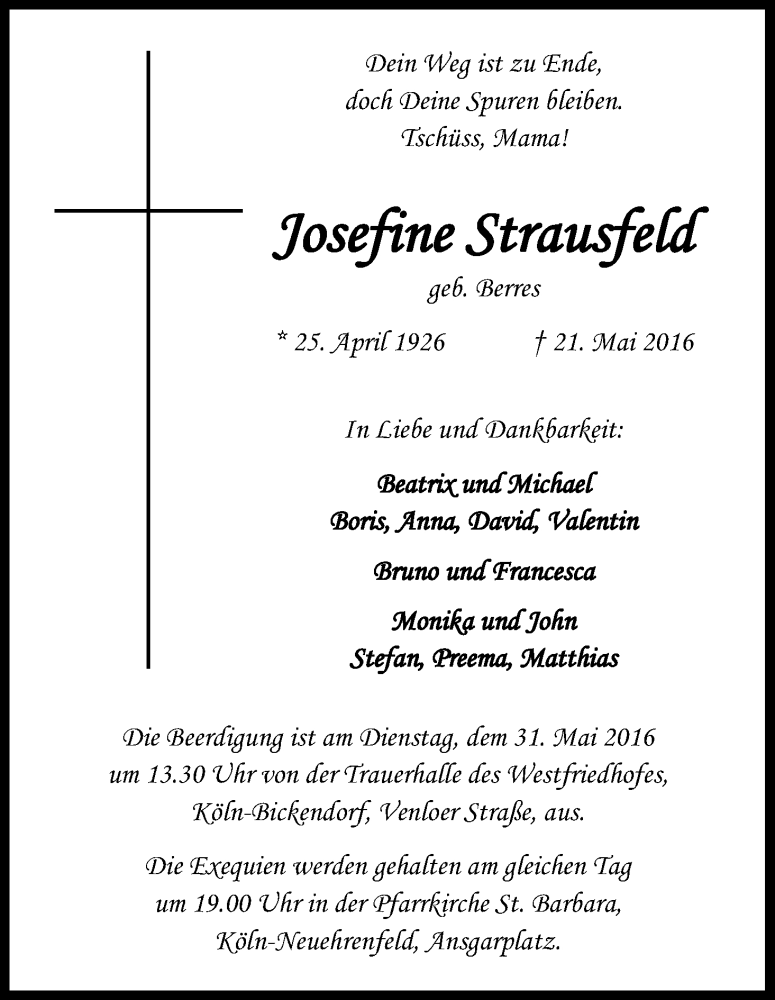  Traueranzeige für Josefine Strausfeld vom 30.05.2016 aus Kölner Stadt-Anzeiger / Kölnische Rundschau / Express