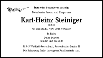 Anzeige von Karl-Heinz Steiniger von Kölner Stadt-Anzeiger / Kölnische Rundschau / Express