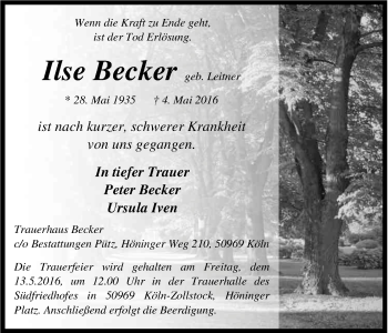 Anzeige von Ilse Becker von Kölner Stadt-Anzeiger / Kölnische Rundschau / Express